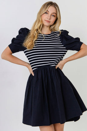 English Factory - Puff Sleeve High Low Knit Combo Dress