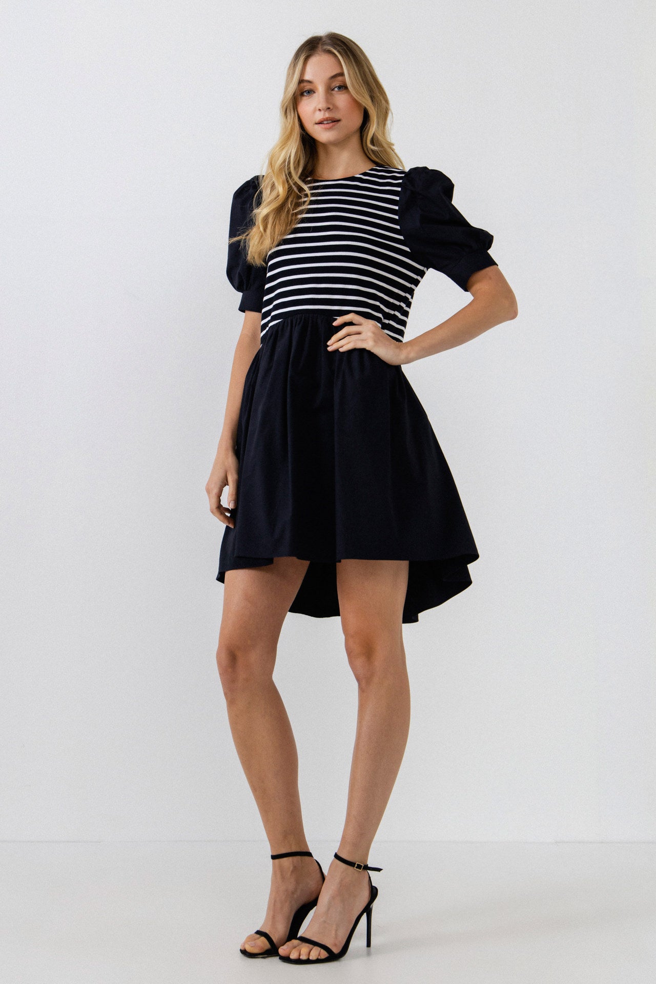 English Factory - Puff Sleeve High Low Knit Combo Dress