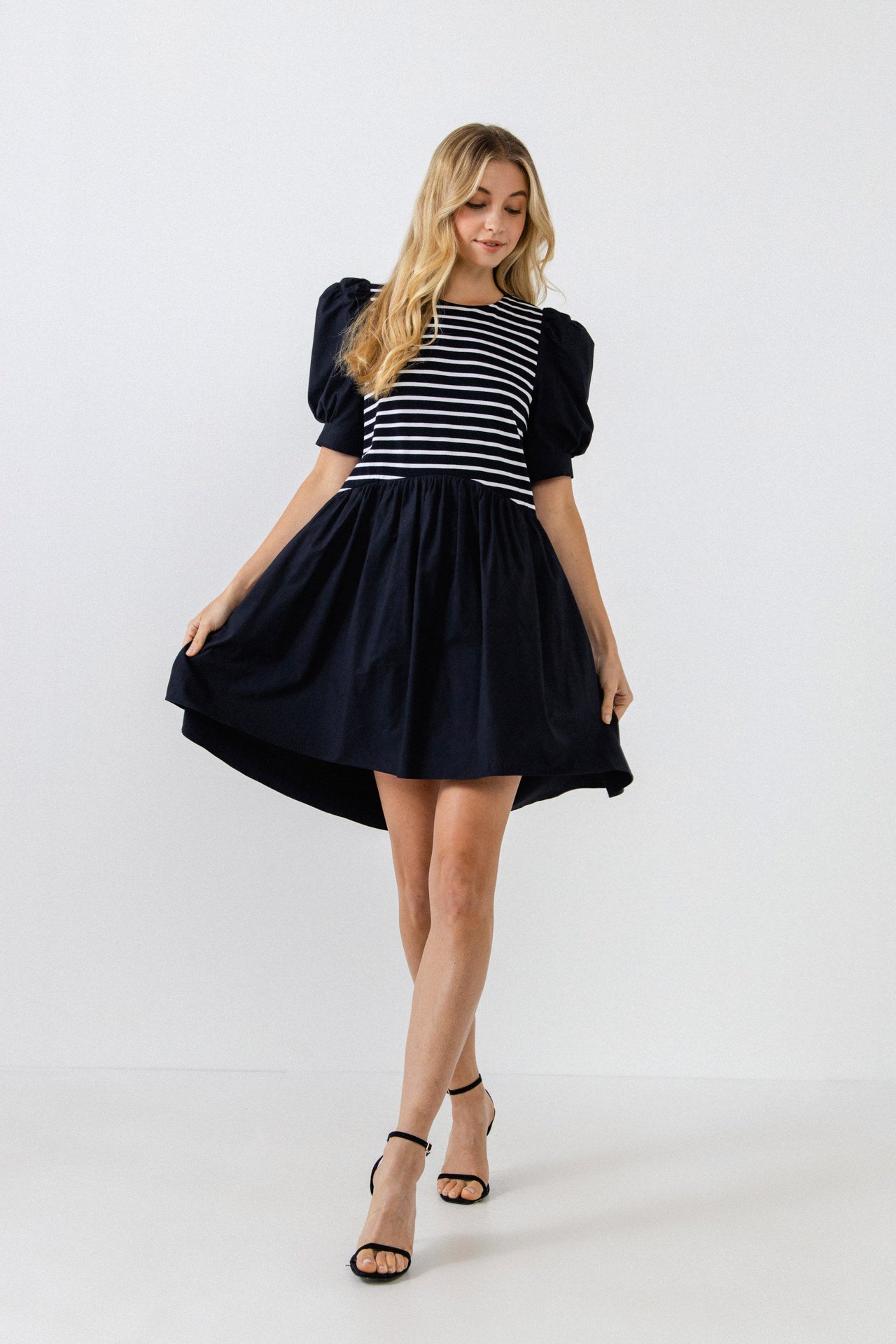 English Factory - Puff Sleeve High Low Knit Combo Dress