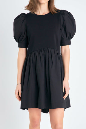 ENGLISH FACTORY - English Factory - Puff Sleeve High Low Knit Combo Dress - DRESSES available at Objectrare