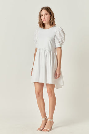 ENGLISH FACTORY - Puff Sleeve High Low Knit Combo Dress - DRESSES available at Objectrare