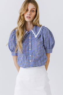 ENGLISH FACTORY - Gingham Check Short Sleeve Blouse - Tops available at Objectrare