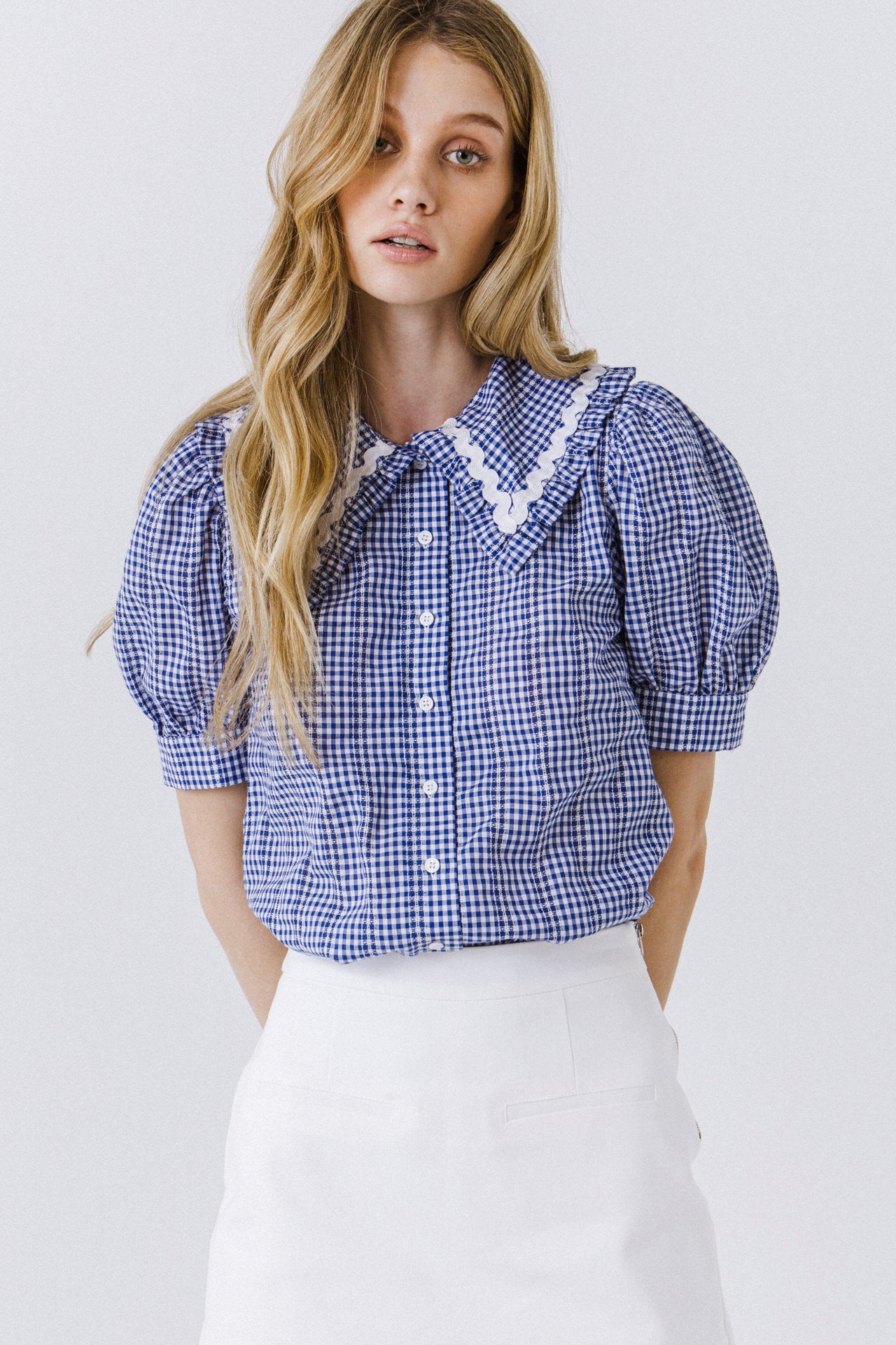 ENGLISH FACTORY - Gingham Check Short Sleeve Blouse - Tops available at Objectrare