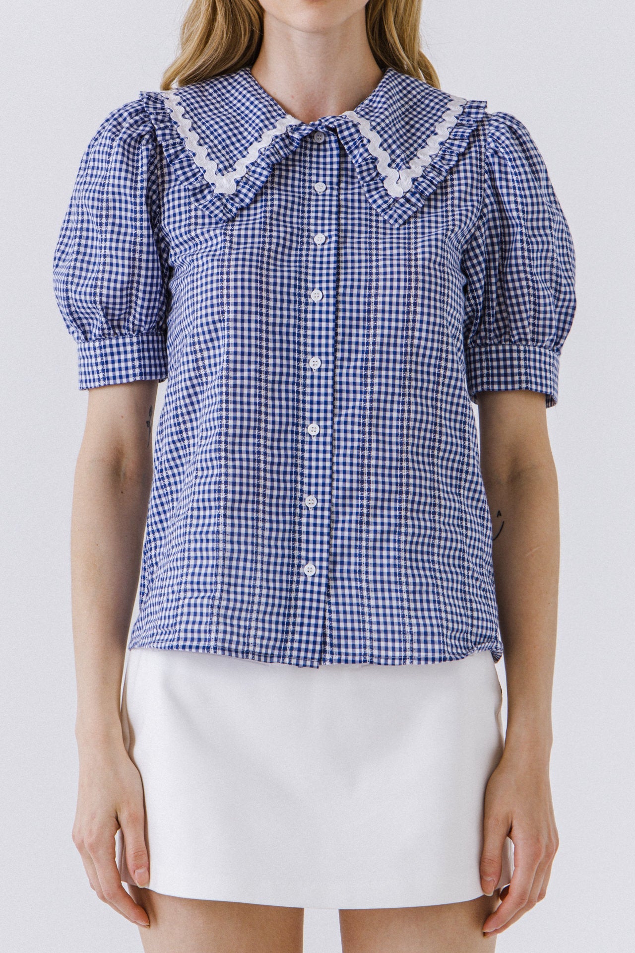 ENGLISH FACTORY - Gingham Check Short Sleeve Blouse - Tops available at Objectrare