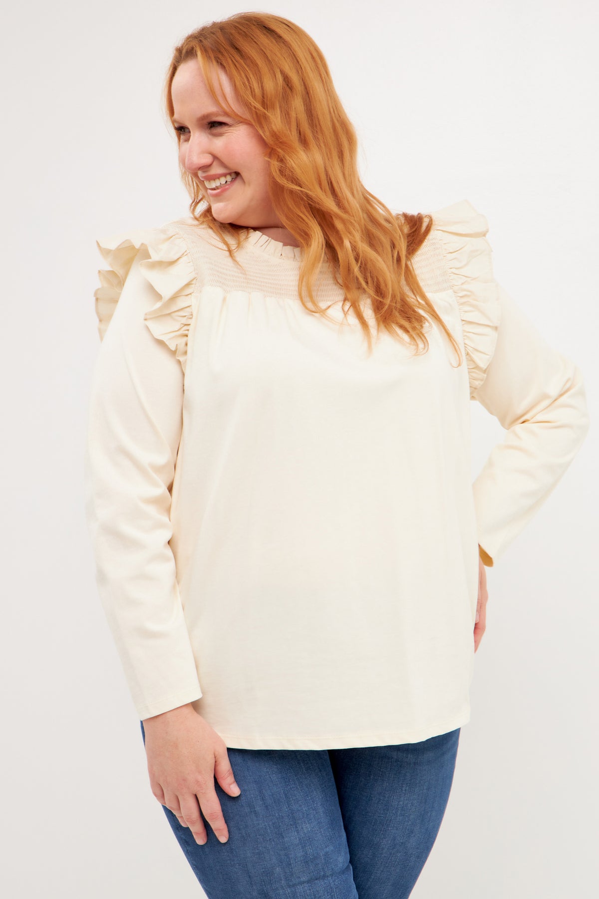 Plus Size Smocked Yoke Long Sleeve T-Shirt
