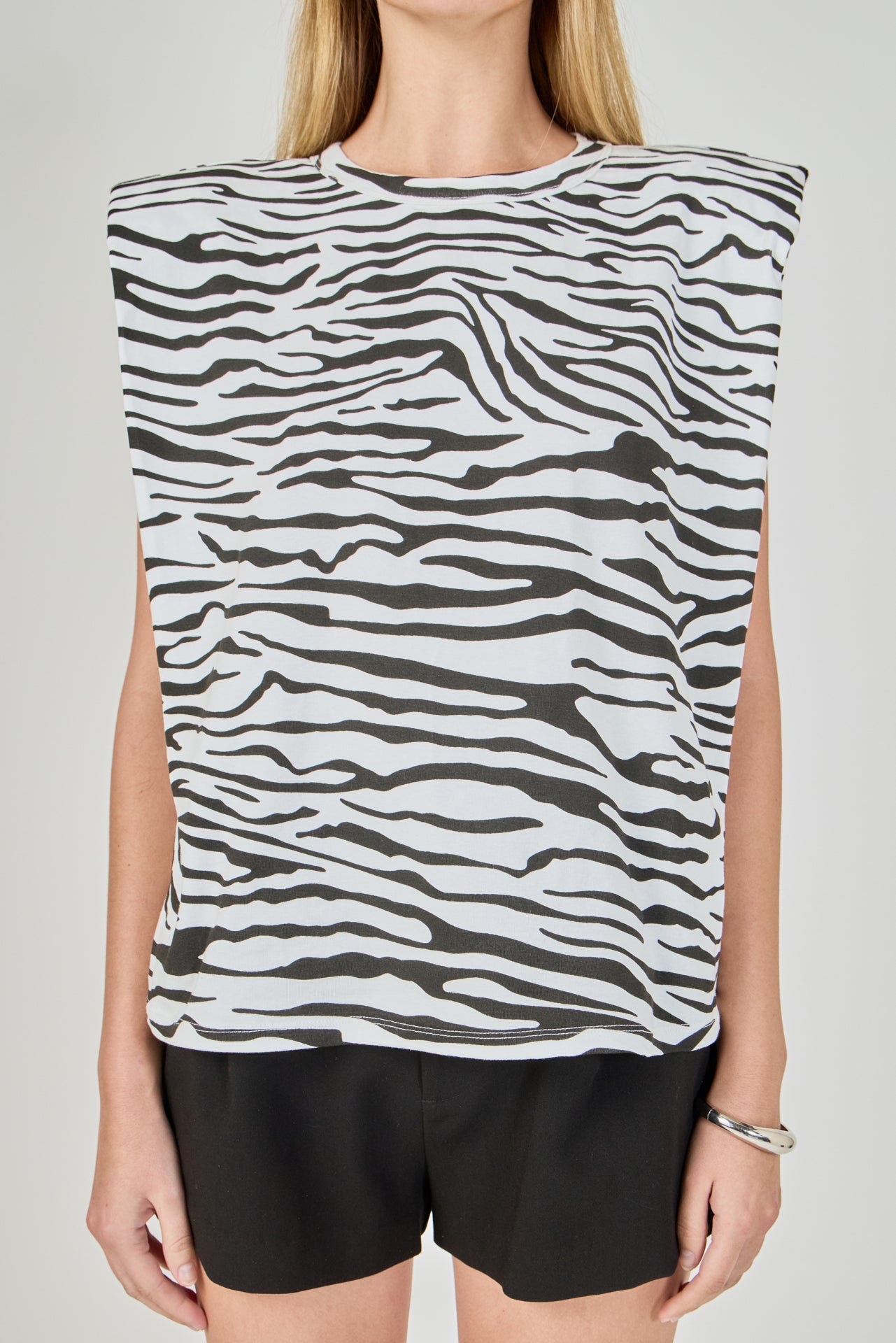 ENDLESS ROSE - Zebra Print Padded Shoulder T-shirt - T-SHIRTS available at Objectrare