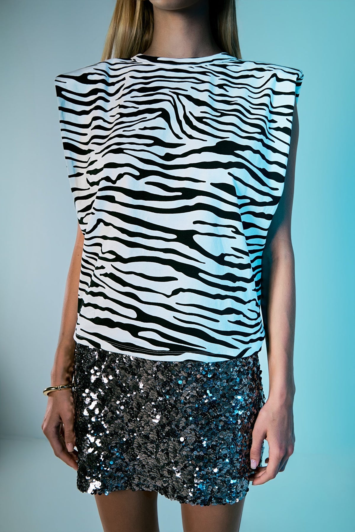 ENDLESS ROSE - Zebra Print Padded Shoulder T-shirt - T-SHIRTS available at Objectrare