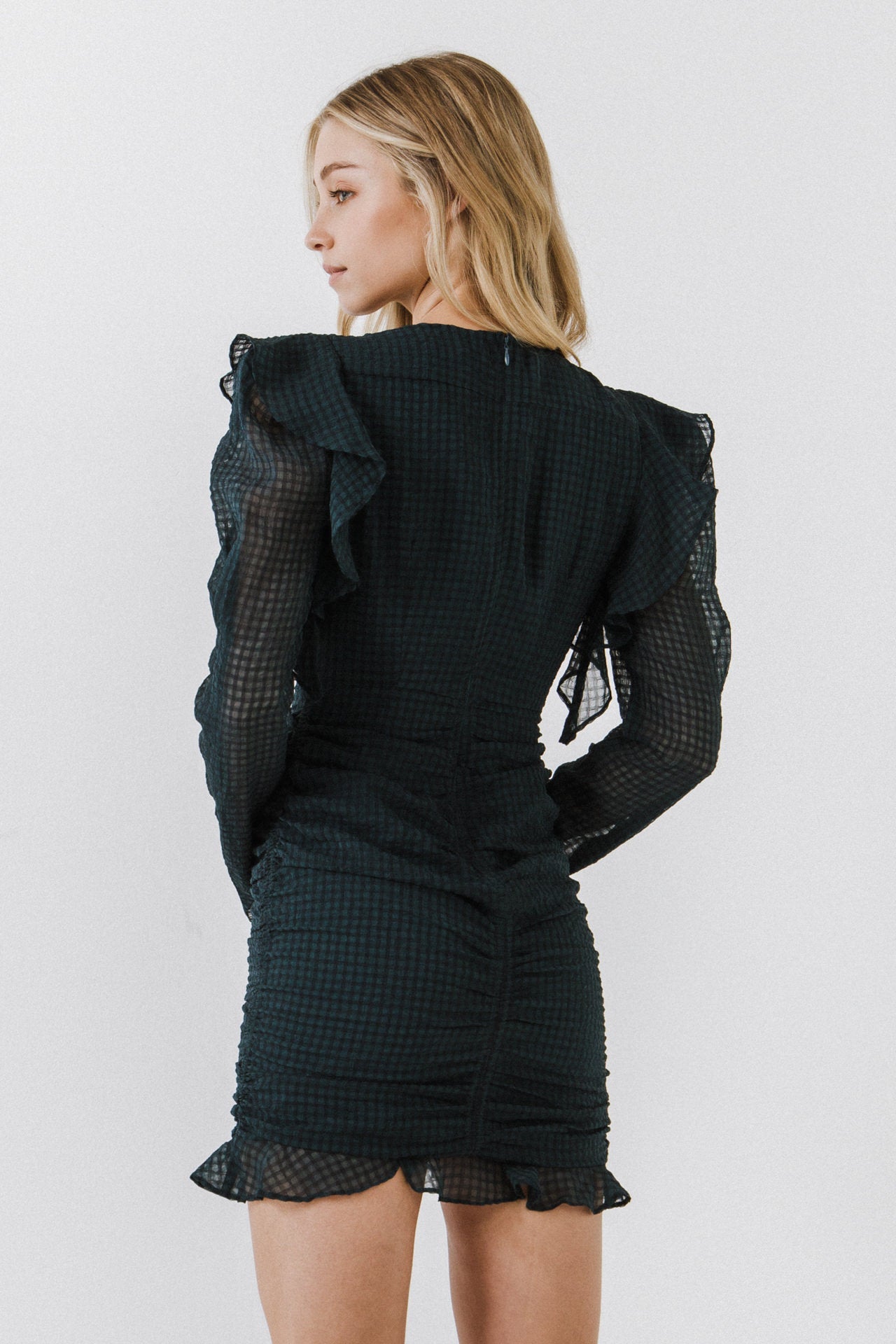 ENDLESS ROSE - Textured Long Sleeve Ruched Mini Dress - DRESSES available at Objectrare