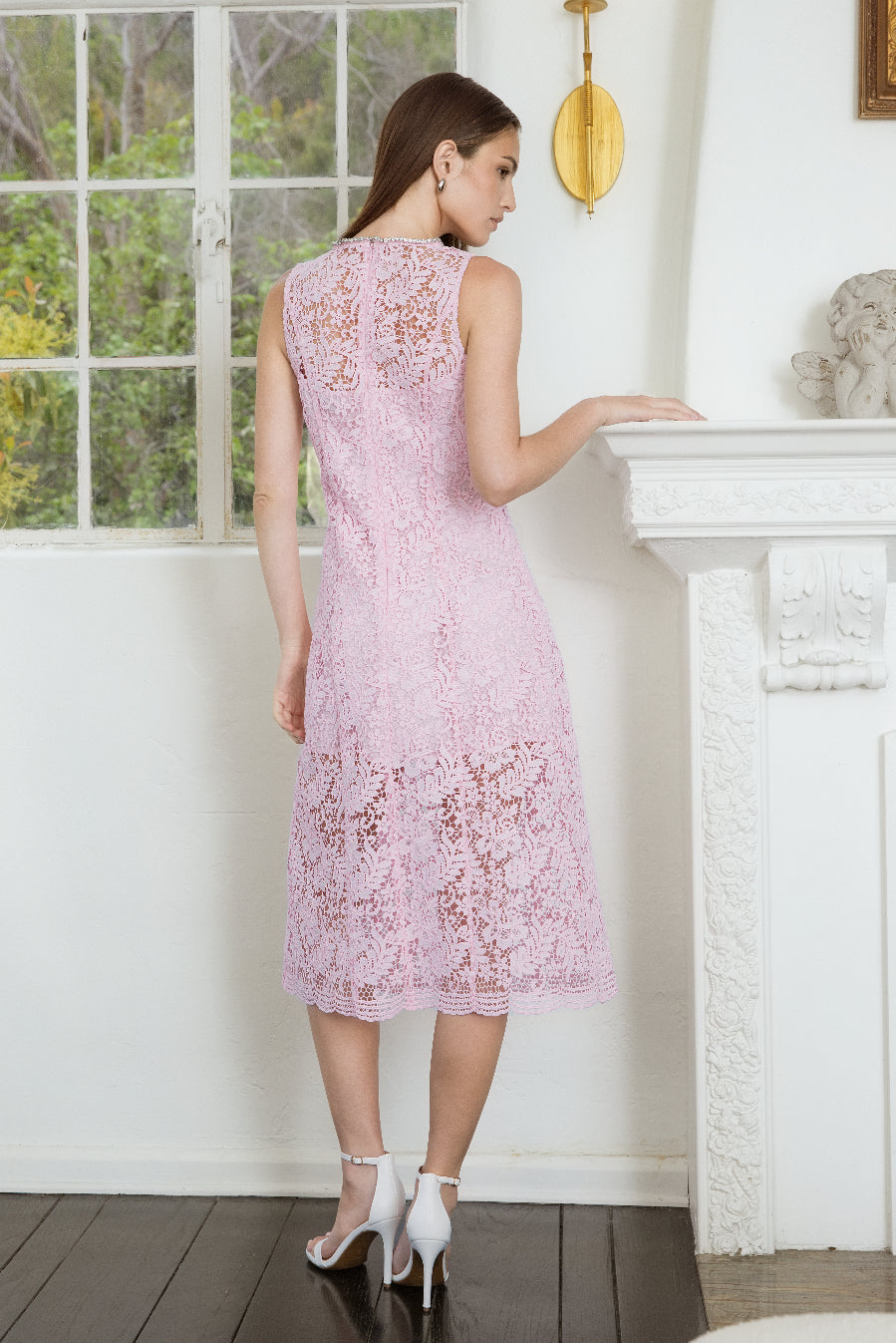 Rhinestone Bow Detailed Lace Sleeveless Midi Dress