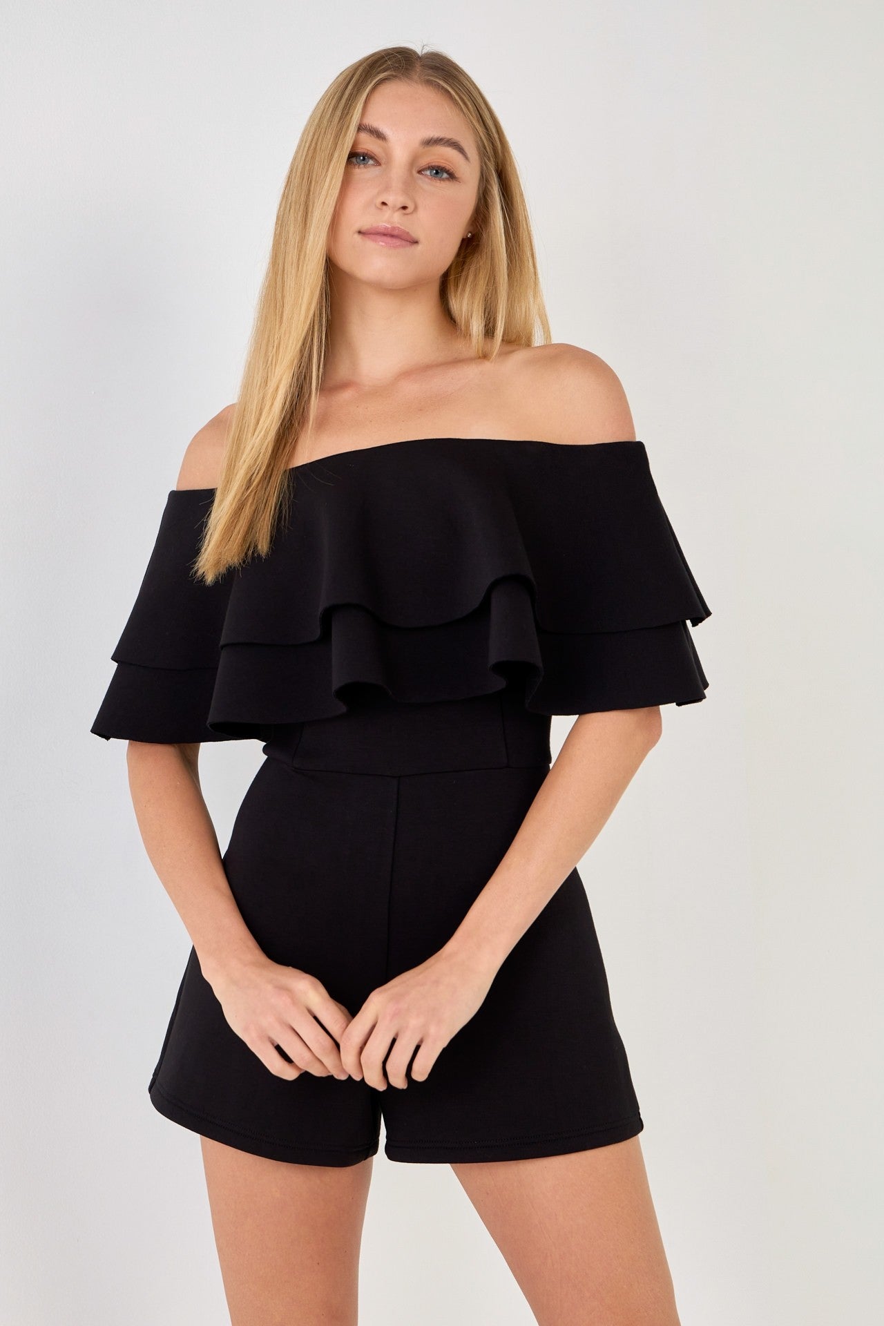 ENDLESS ROSE - Off the Shoulder Ruffled Romper - ROMPERS available at Objectrare
