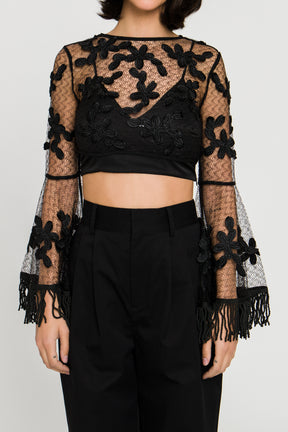 ENDLESS ROSE - Floral Lace Crop Top with Bell Sleeve - sale available at Objectrare