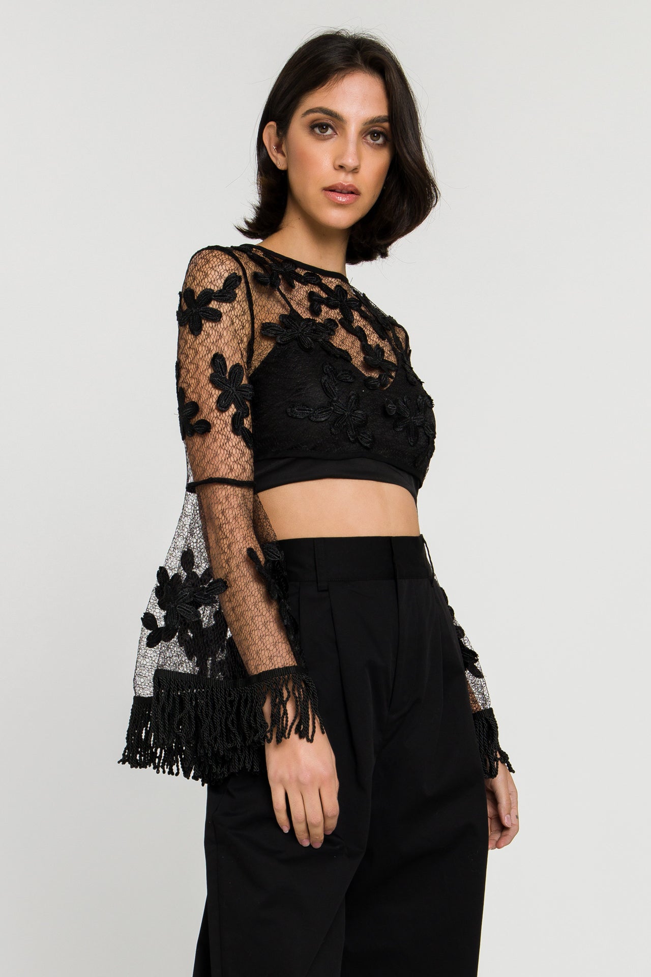 ENDLESS ROSE - Floral Lace Crop Top with Bell Sleeve - sale available at Objectrare