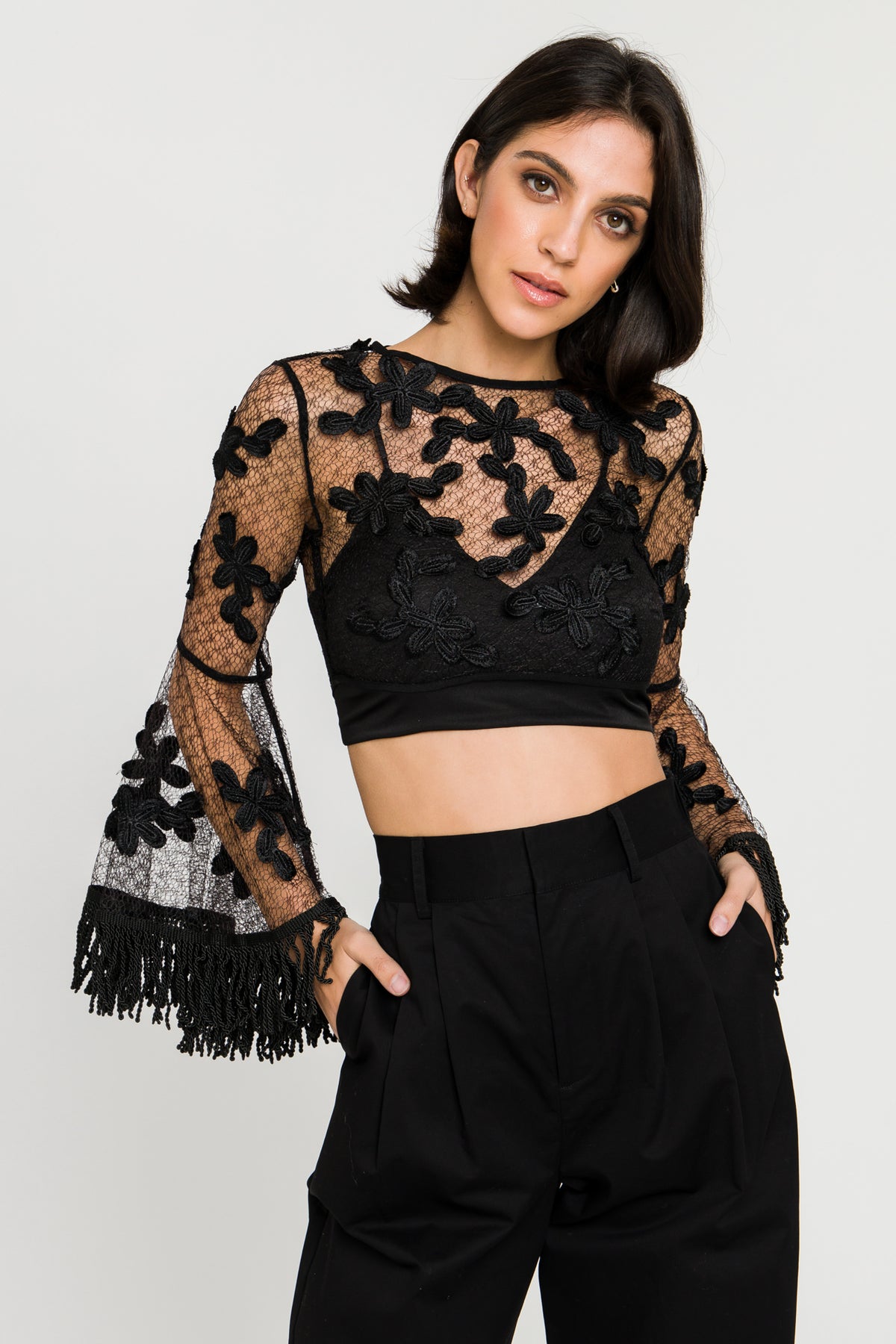 ENDLESS ROSE - Floral Lace Crop Top with Bell Sleeve - TOPS available at Objectrare