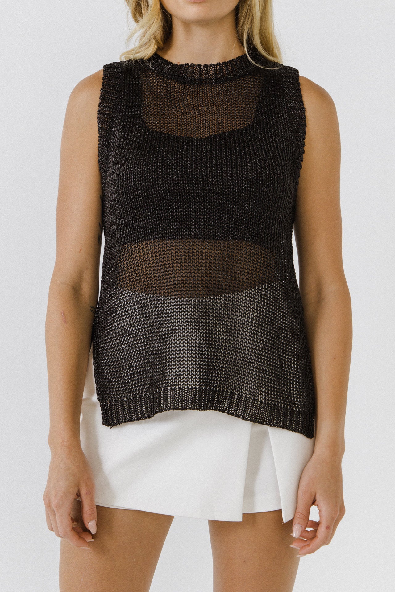 ENDLESS ROSE - Sleeveless Knit Sheer Top With Back Keyhole - CAMI TOPS & TANK available at Objectrare