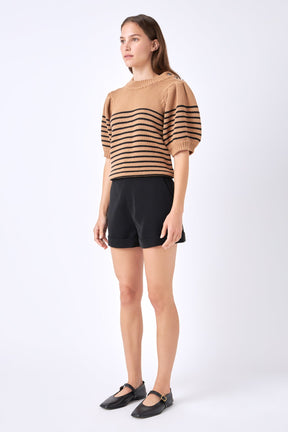 ENGLISH FACTORY - Striped Short Puff Sleeve Sweater with Buttons - SWEATERS & KNITS available at Objectrare