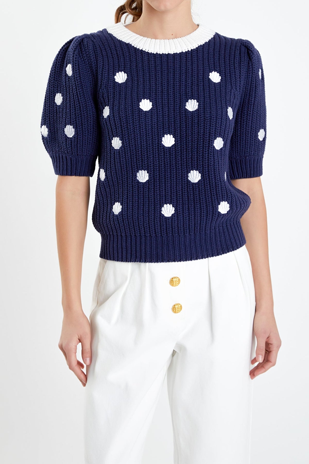 ENGLISH FACTORY - Shell Embroidered Puff Sleeve Sweater - SWEATERS & KNITS available at Objectrare