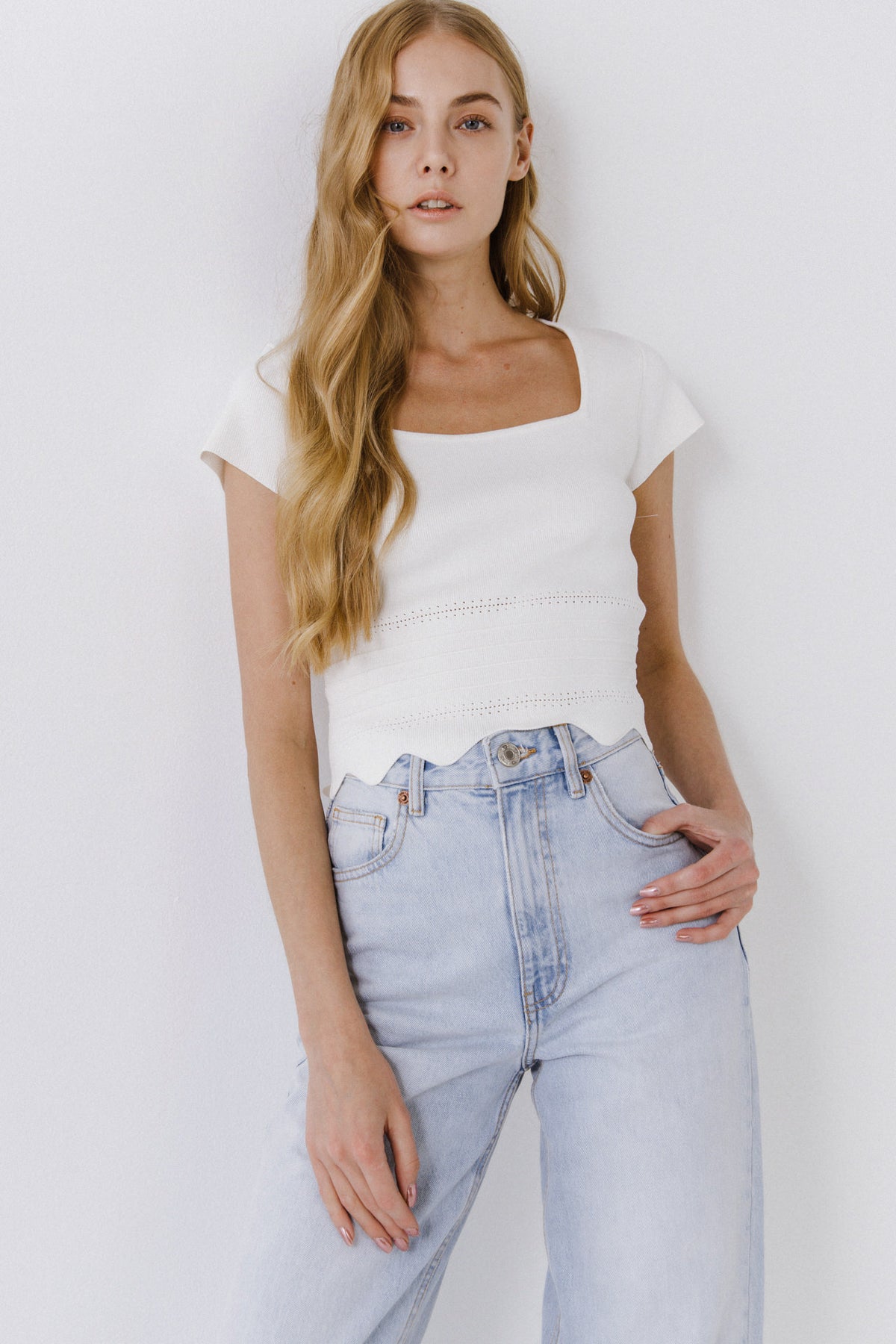 ENGLISH FACTORY - Scallop Hem Square Neck Short Sleeve Top - TOPS available at Objectrare