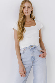 ENGLISH FACTORY - Scallop Hem Square Neck Short Sleeve Top - TOPS available at Objectrare
