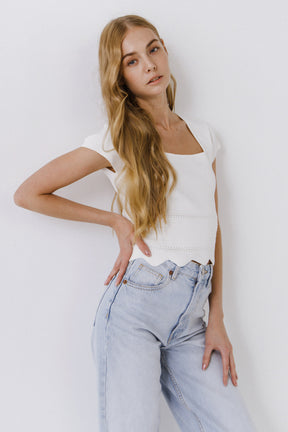 ENGLISH FACTORY - Scallop Hem Square Neck Short Sleeve Top - TOPS available at Objectrare