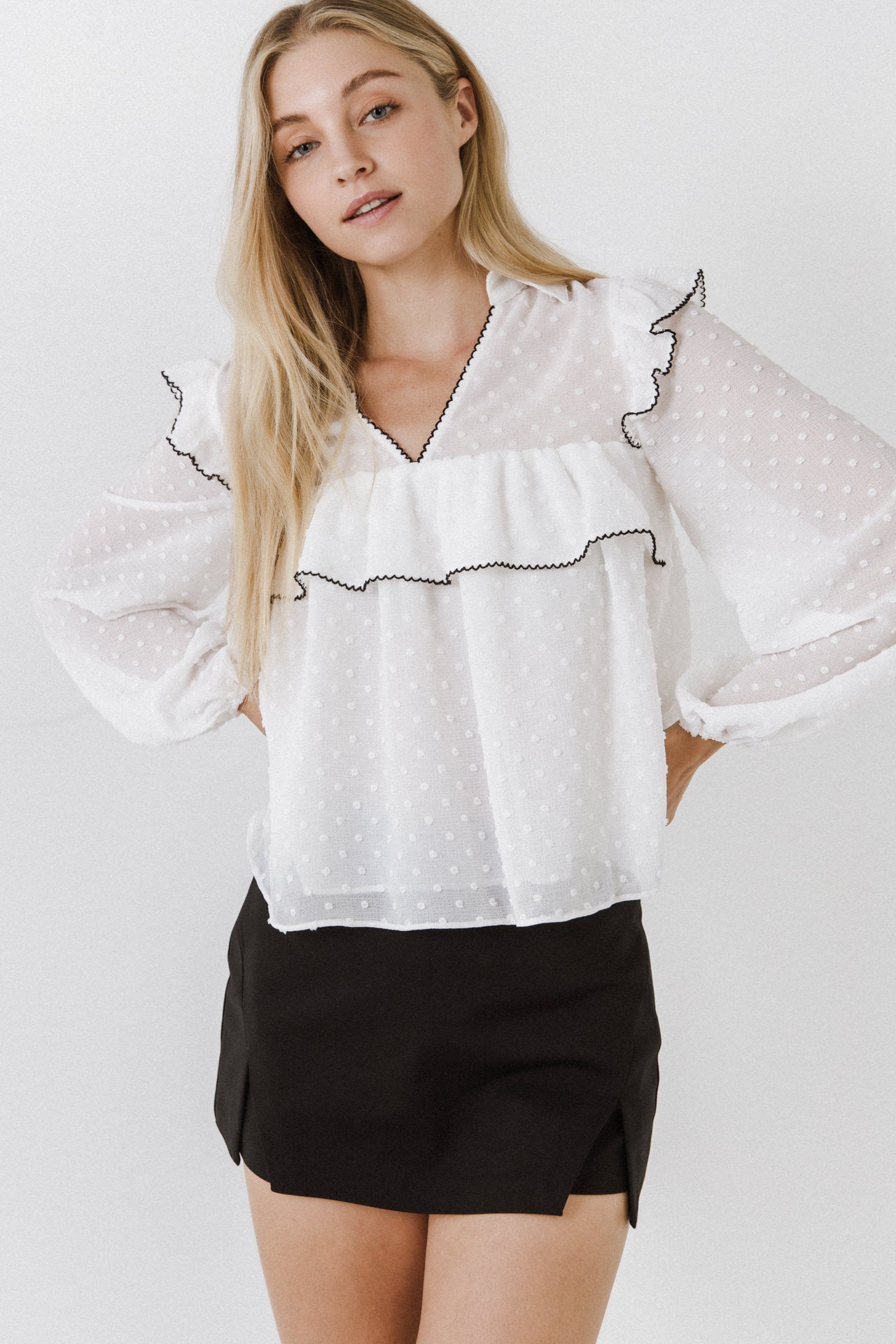 FREE THE ROSES - Swiss Dot Blouse with Ruffle Detail - SHIRTS & BLOUSES available at Objectrare