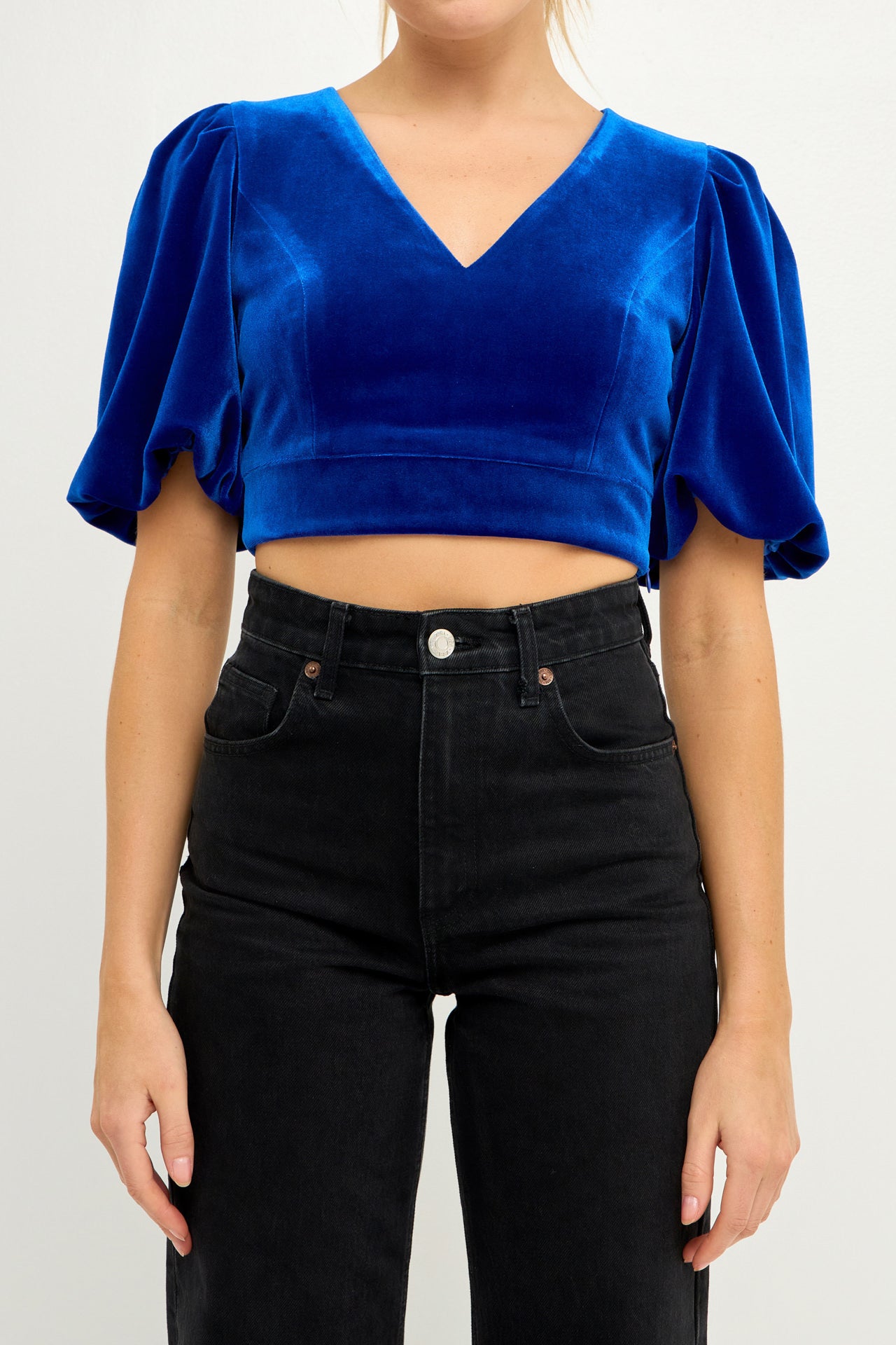 ENDLESS ROSE - Cropped Velvet Puff Sleeve Top - TOPS available at Objectrare