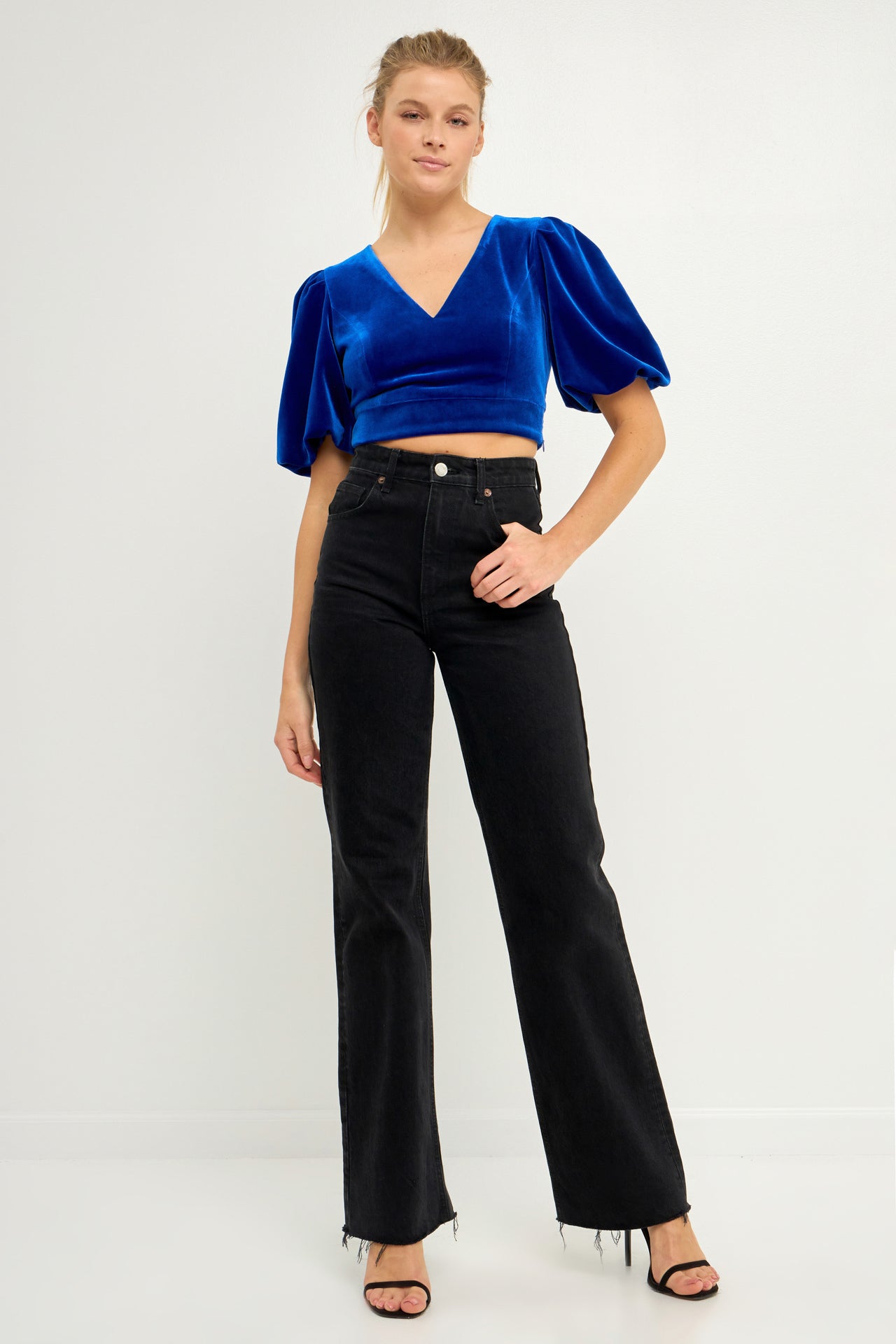ENDLESS ROSE - Cropped Velvet Puff Sleeve Top - TOPS available at Objectrare