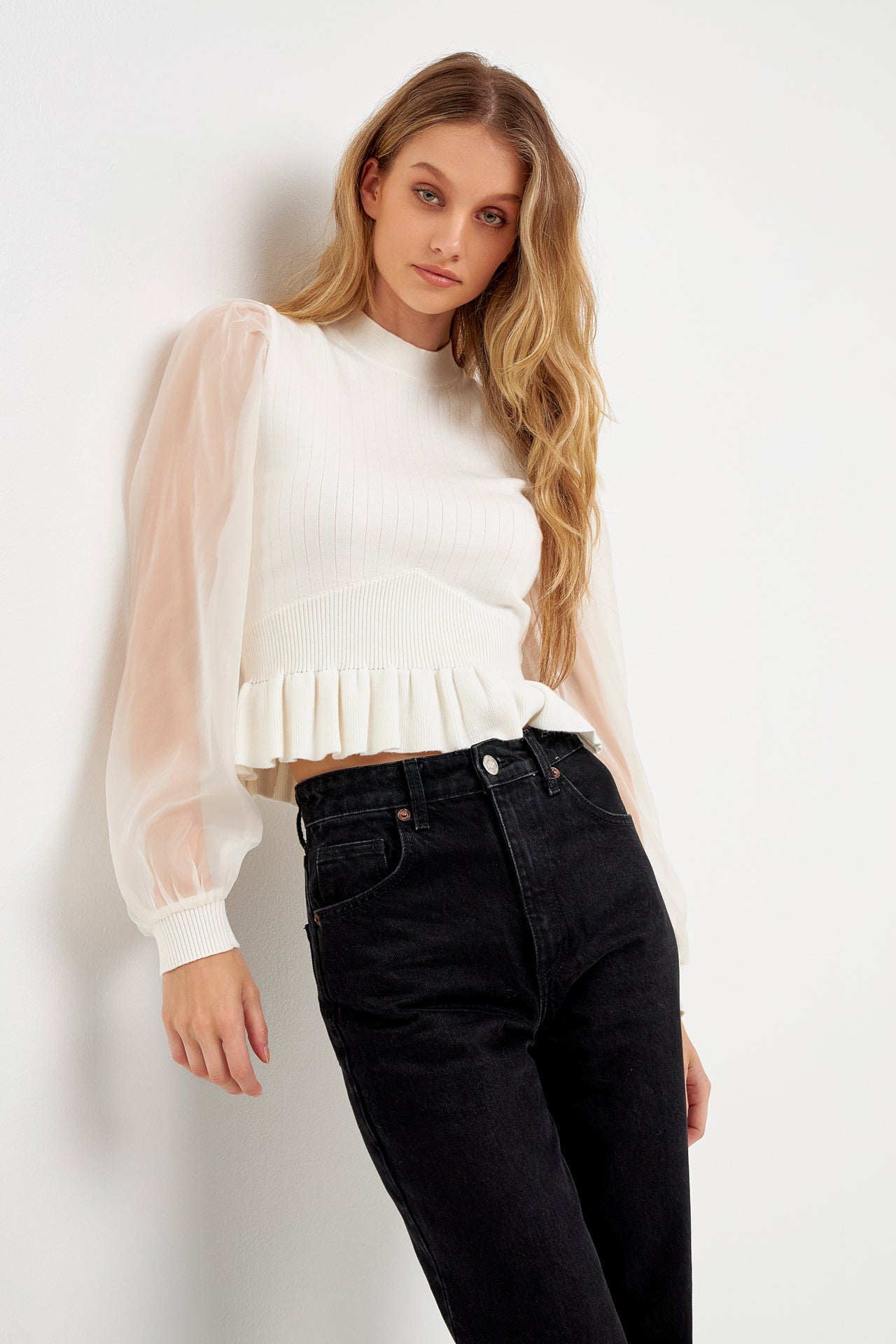 ENGLISH FACTORY - Sheer Sleeve Knit Top - TOPS available at Objectrare