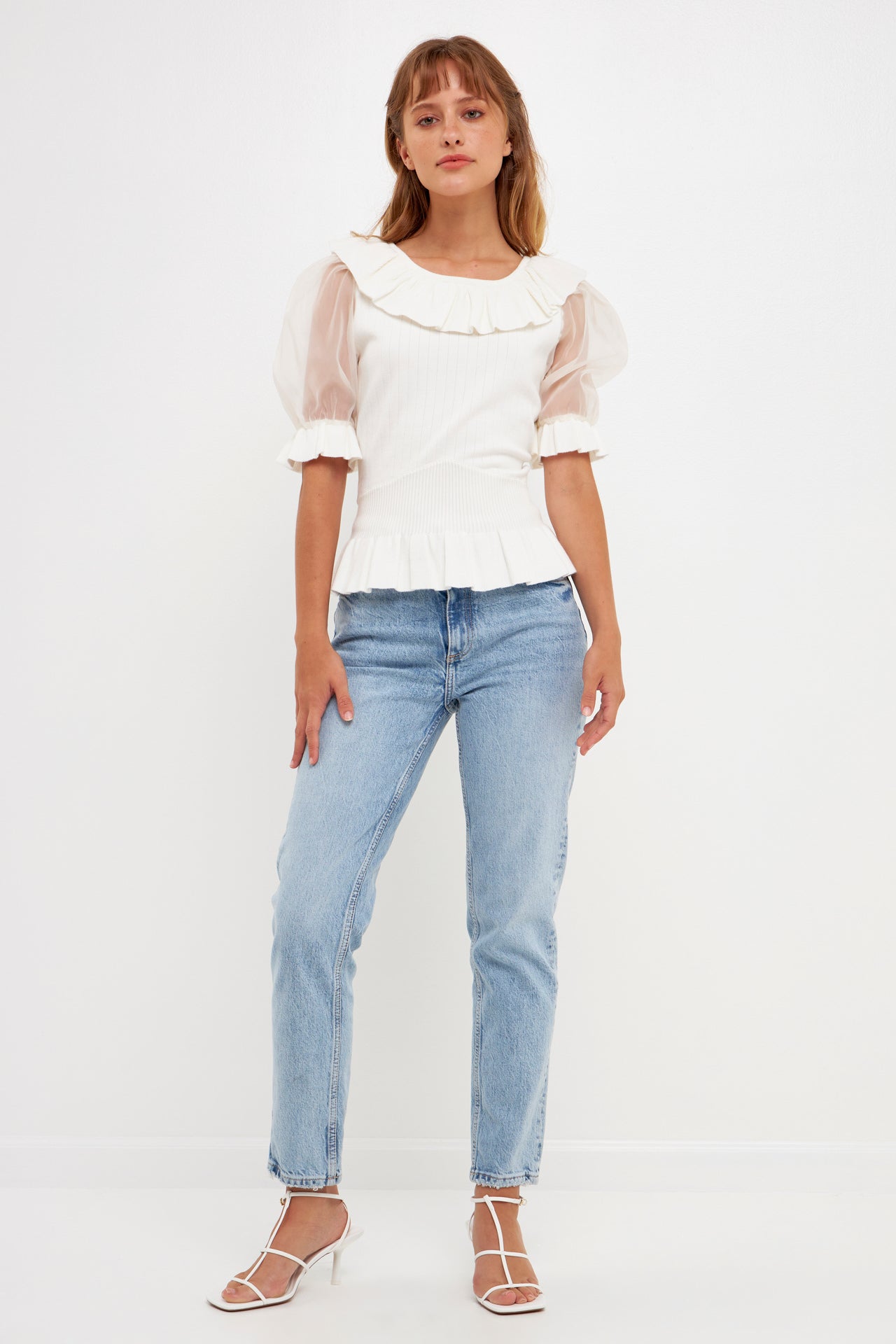 ENGLISH FACTORY - Organza Puff Sleeve Knit Top with Ruffled Neck - TOPS available at Objectrare