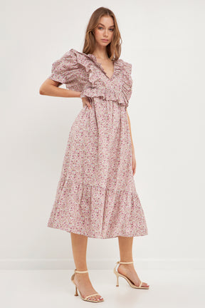 ENGLISH FACTORY - Cotton Floral Ruffled Midi Dress - DRESSES available at Objectrare