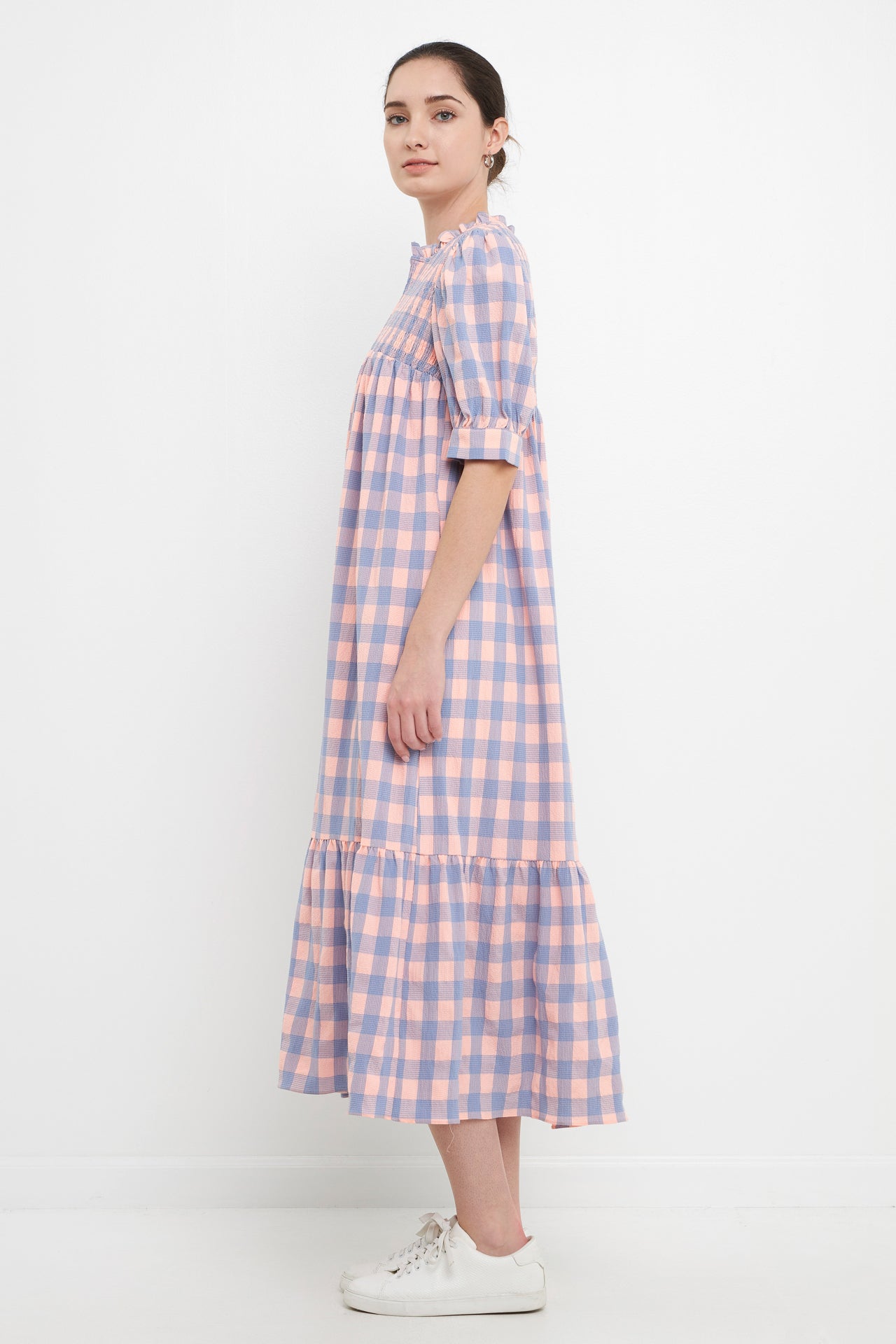 ENGLISH FACTORY - Gingham Textured Smocked Yoke Midi Dress - DRESSES available at Objectrare