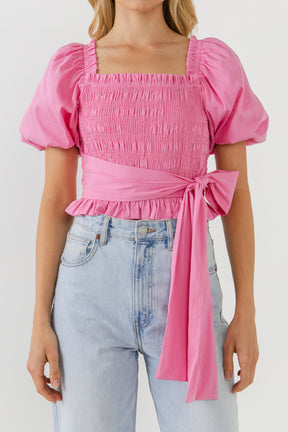 ENGLISH FACTORY - Waist Bow Tie Smocked Top - TOPS available at Objectrare