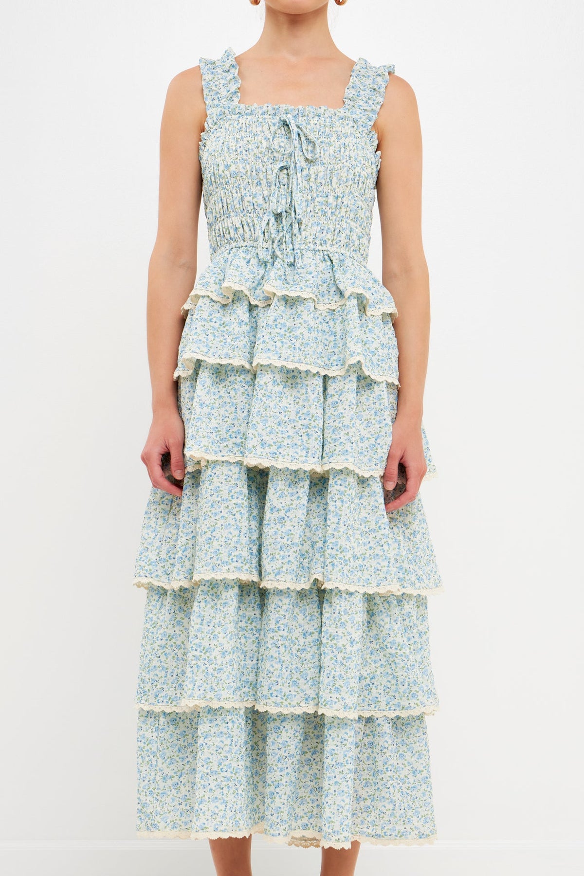 ENDLESS ROSE - Gridded Texture Floral Smocked Tiered Maxi Dress - DRESSES available at Objectrare