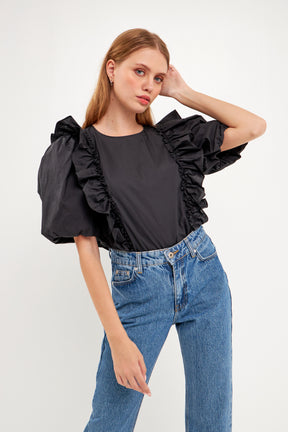 ENGLISH FACTORY - Double Ruffle Poplin Puff Sleeve Shirt - TOPS available at Objectrare