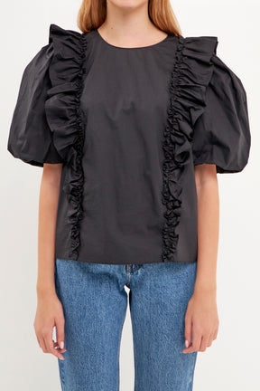 ENGLISH FACTORY - Double Ruffle Poplin Puff Sleeve Shirt - TOPS available at Objectrare