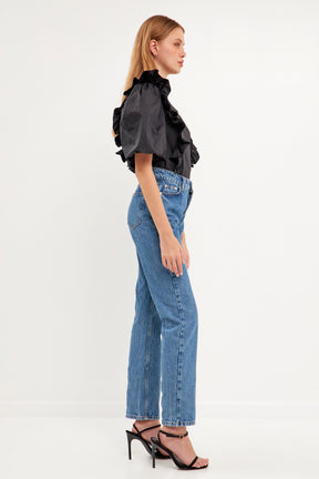 ENGLISH FACTORY - Double Ruffle Poplin Puff Sleeve Shirt - TOPS available at Objectrare