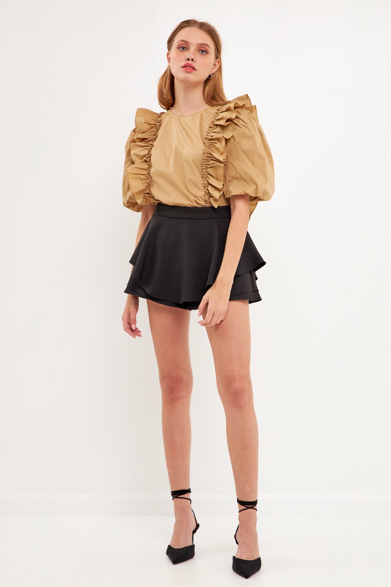 ENGLISH FACTORY - Double Ruffle Poplin Puff Sleeve Shirt - TOPS available at Objectrare