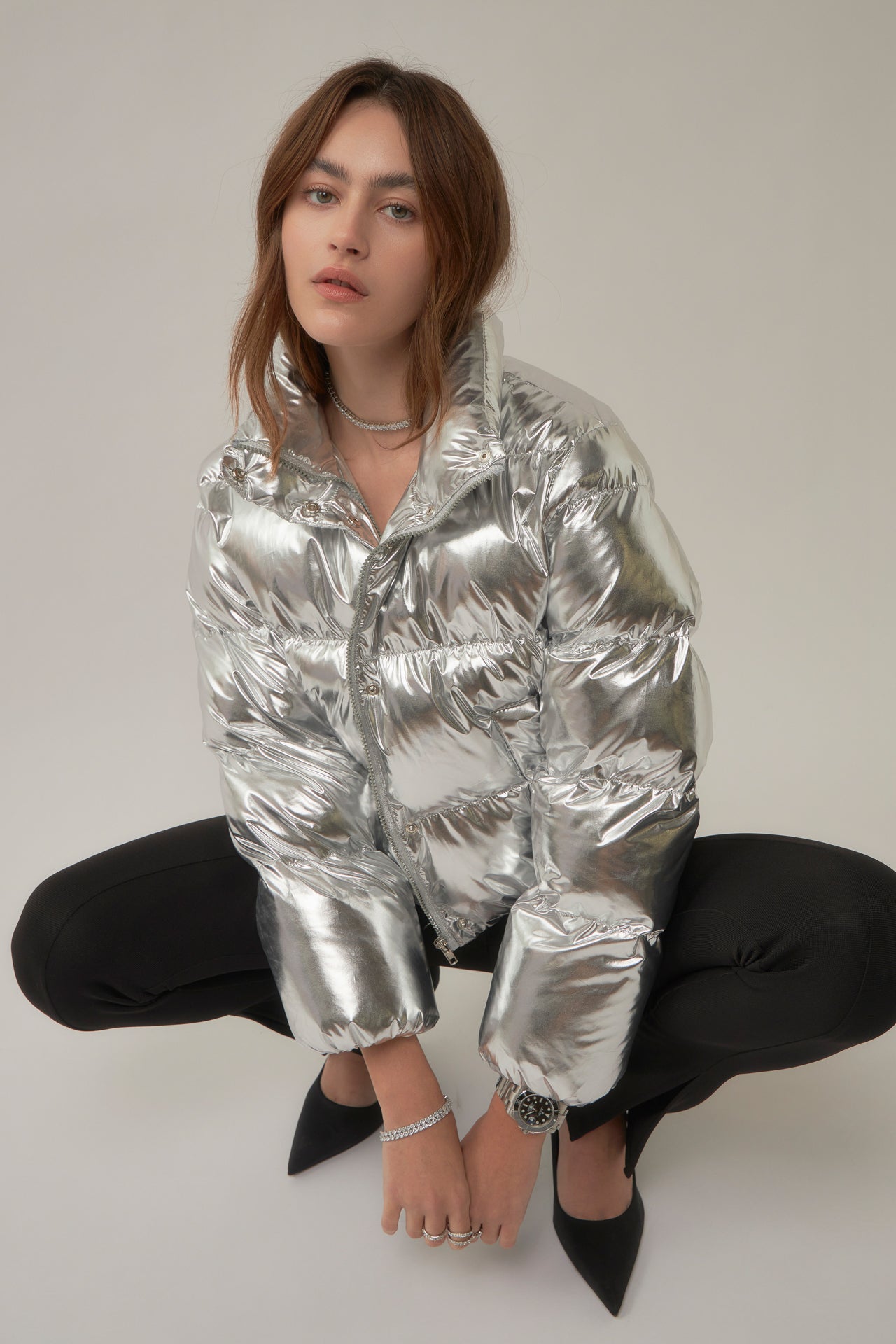 Silver Metallic Crop Puffer Jacket