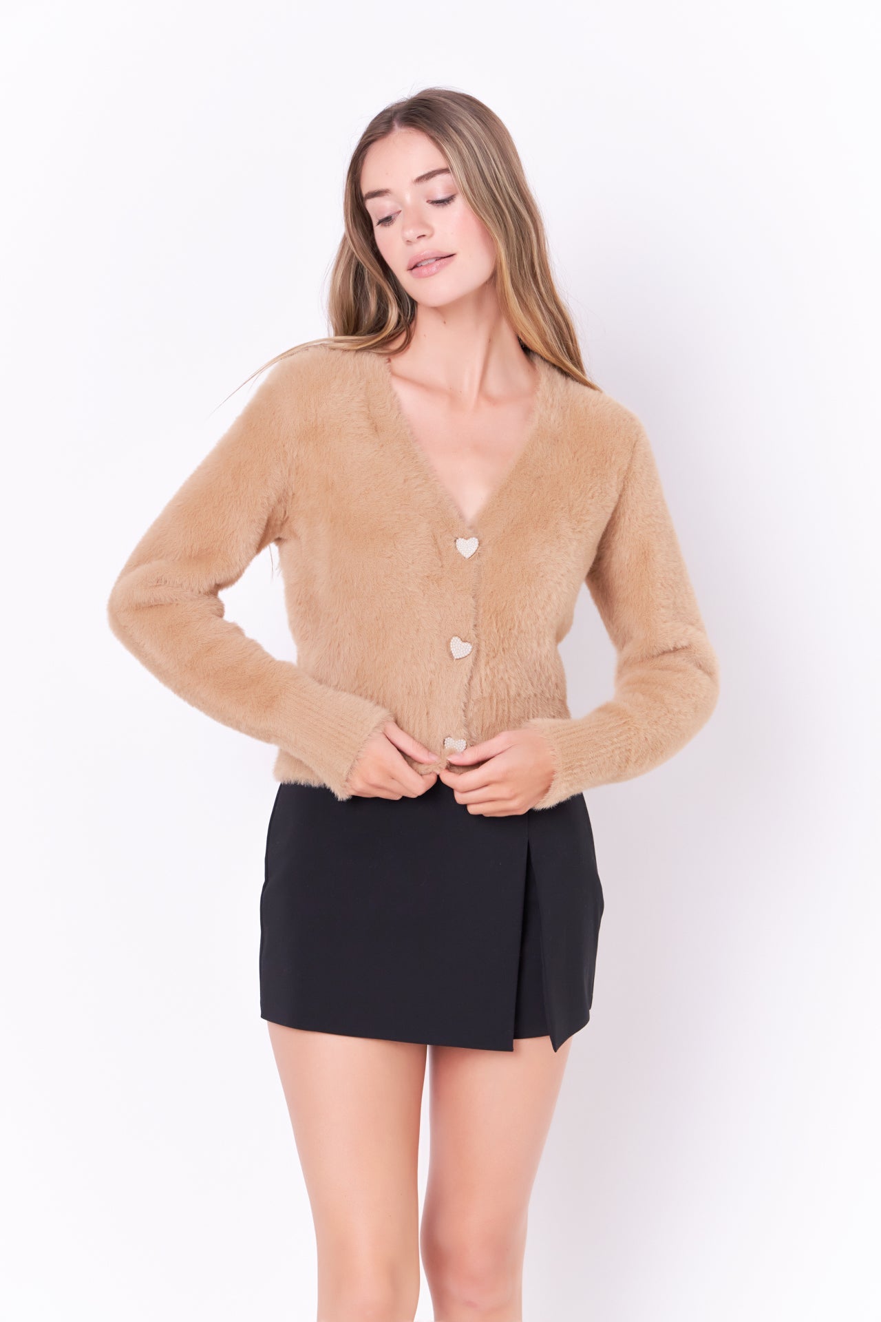 ENGLISH FACTORY - Feathered Plush Heart Buttoned Cardigan - CARDIGANS available at Objectrare