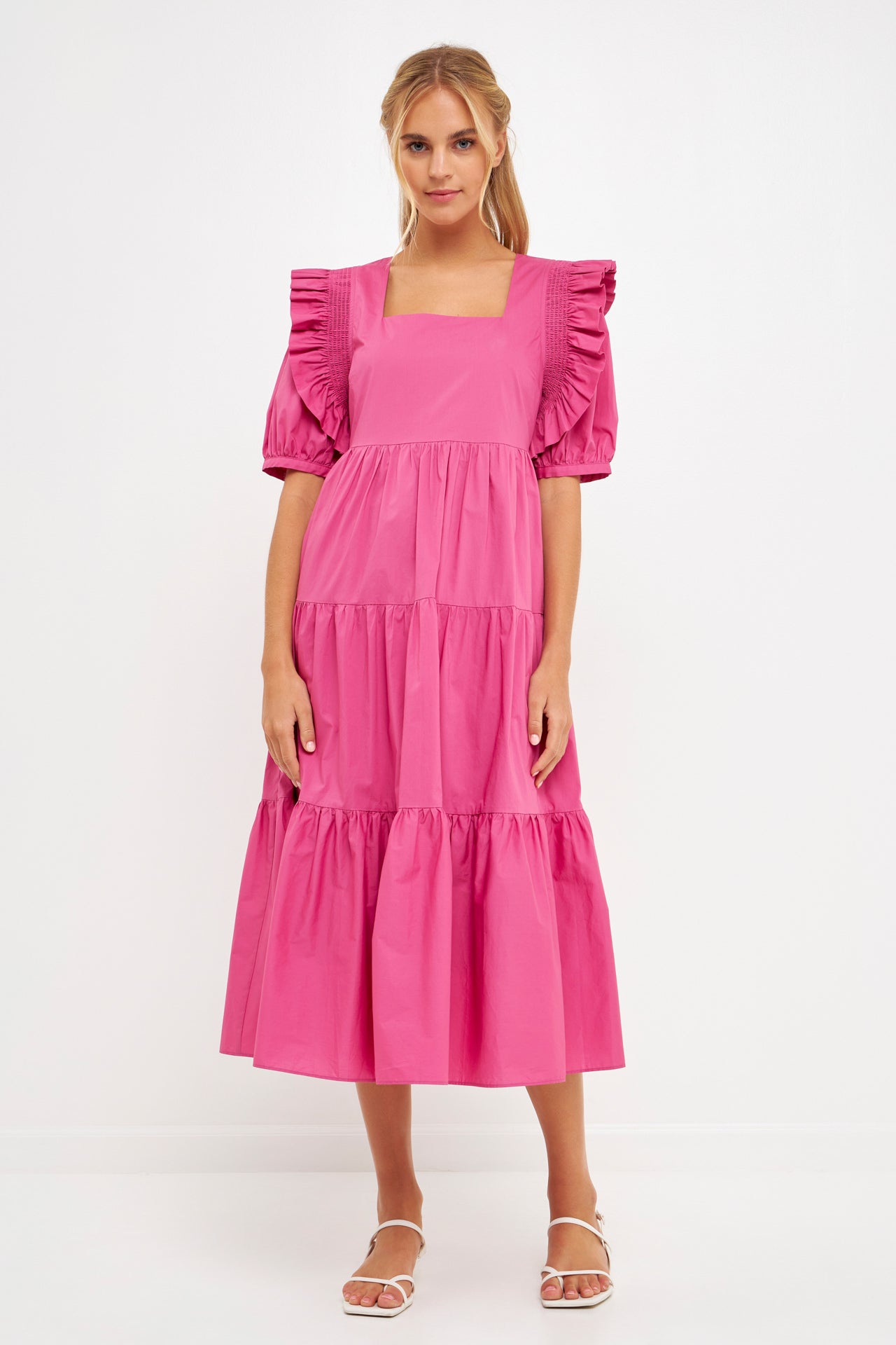 ENGLISH FACTORY - Square Neck Ruffle Smocked Detail Midi Dress - DRESSES available at Objectrare