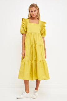 ENGLISH FACTORY - Square Neck Ruffle Smocked Detail Midi Dress - DRESSES available at Objectrare