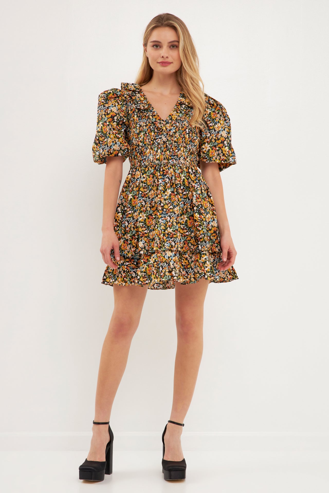 ENGLISH FACTORY - Plunge V Smocked Cotton Floral Mini Dress - DRESSES available at Objectrare