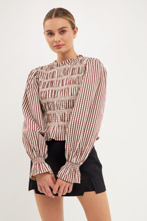 ENGLISH FACTORY - Striped Smocked Embroidered Blouse - TOPS available at Objectrare