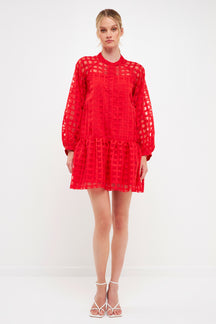 ENGLISH FACTORY - Check Organza Buttoned Long Sleeve Mini Dress - DRESSES available at Objectrare