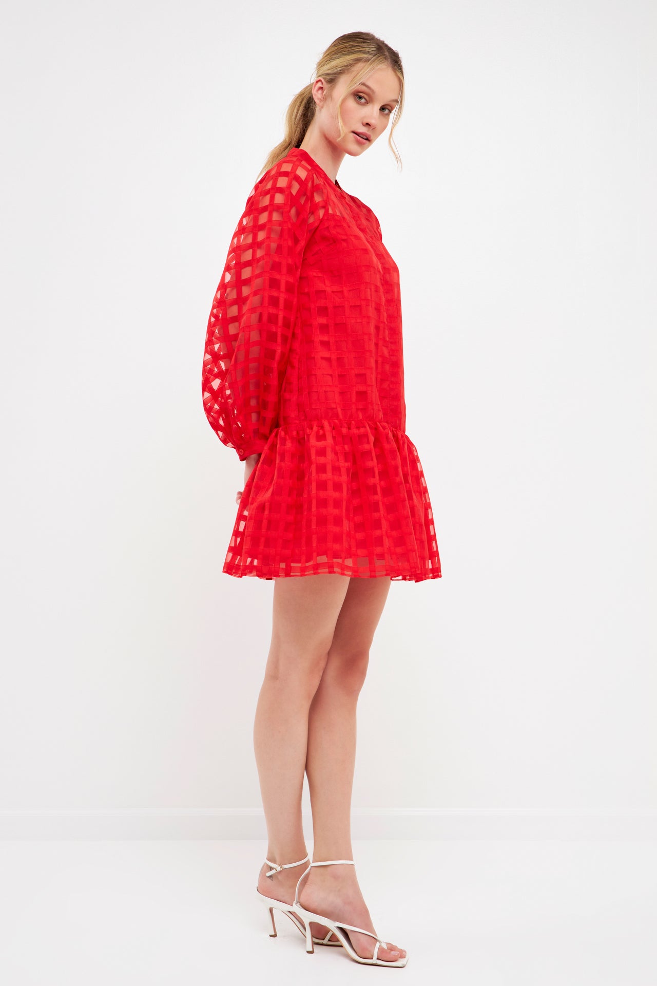 ENGLISH FACTORY - Check Organza Buttoned Long Sleeve Mini Dress - DRESSES available at Objectrare