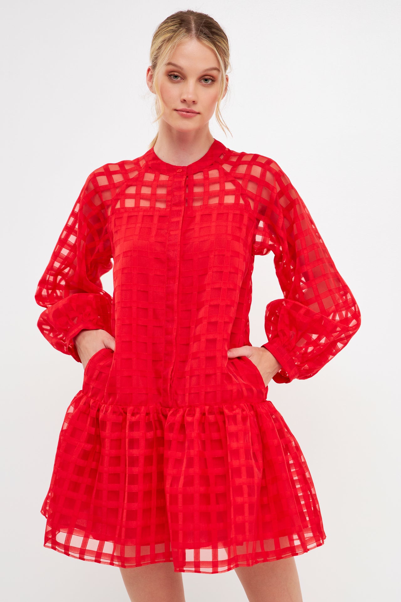 ENGLISH FACTORY - Check Organza Buttoned Long Sleeve Mini Dress - DRESSES available at Objectrare