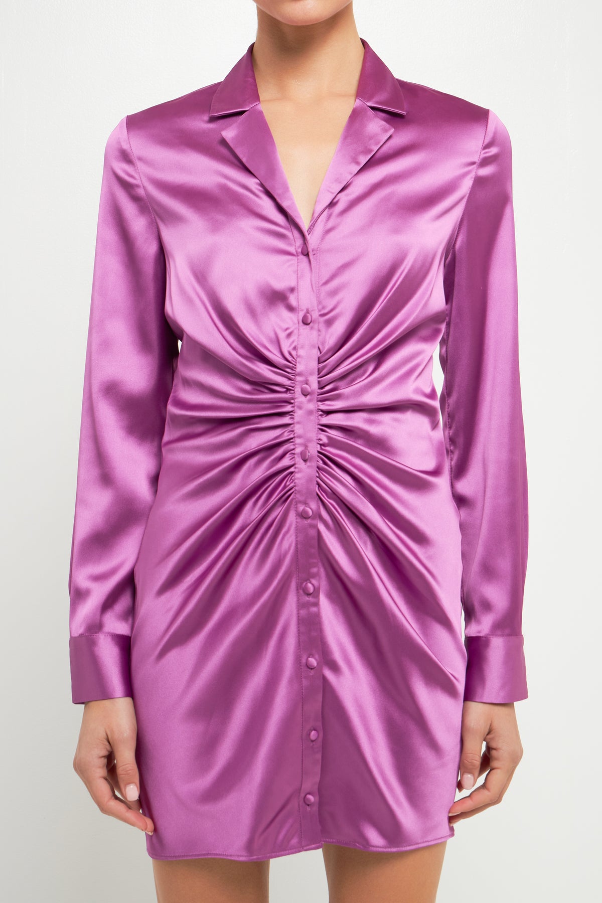 ENDLESS ROSE - Satin Ruched Long-Sleeve Mini Dress - DRESSES available at Objectrare