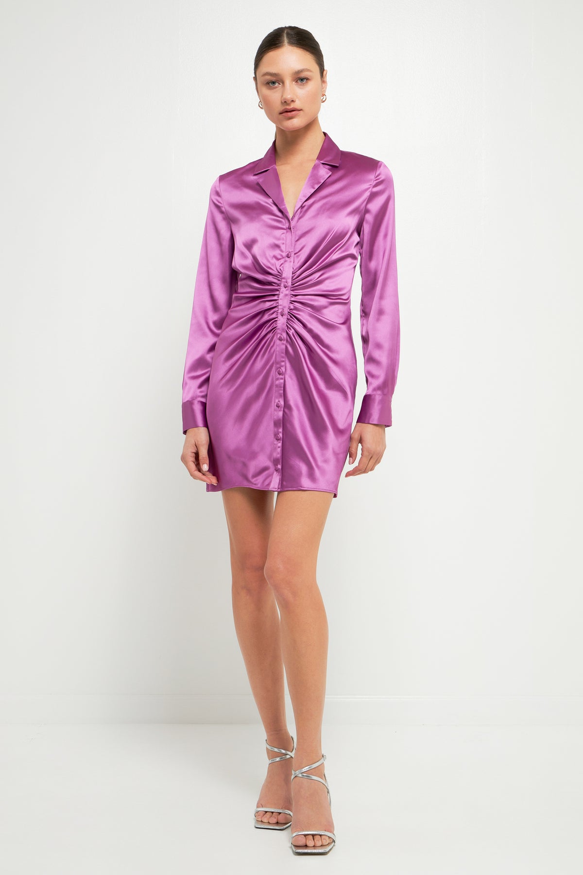 ENDLESS ROSE - Satin Ruched Long-Sleeve Mini Dress - DRESSES available at Objectrare