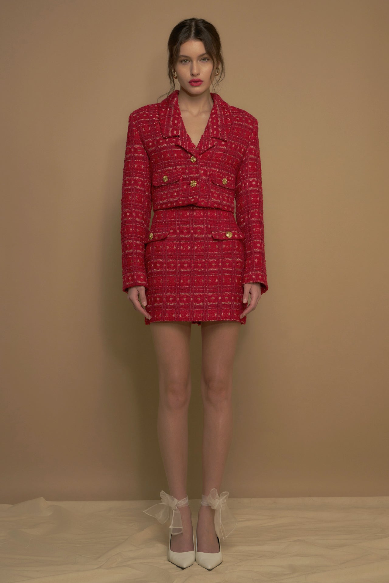 Endless Rose - Premium Cropped Tweed Jacket Red / Xs