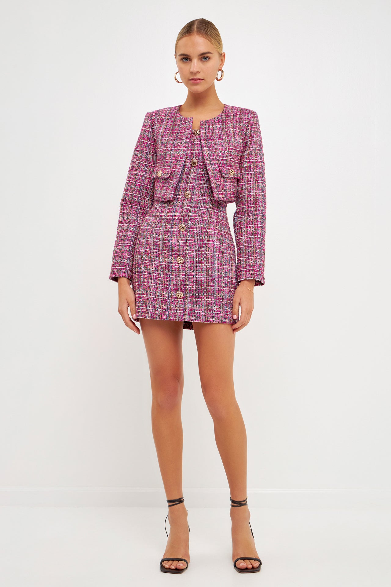 Vintage Plaid Tweed Jacket Skirt Suit Graceful Two Piece Fringe