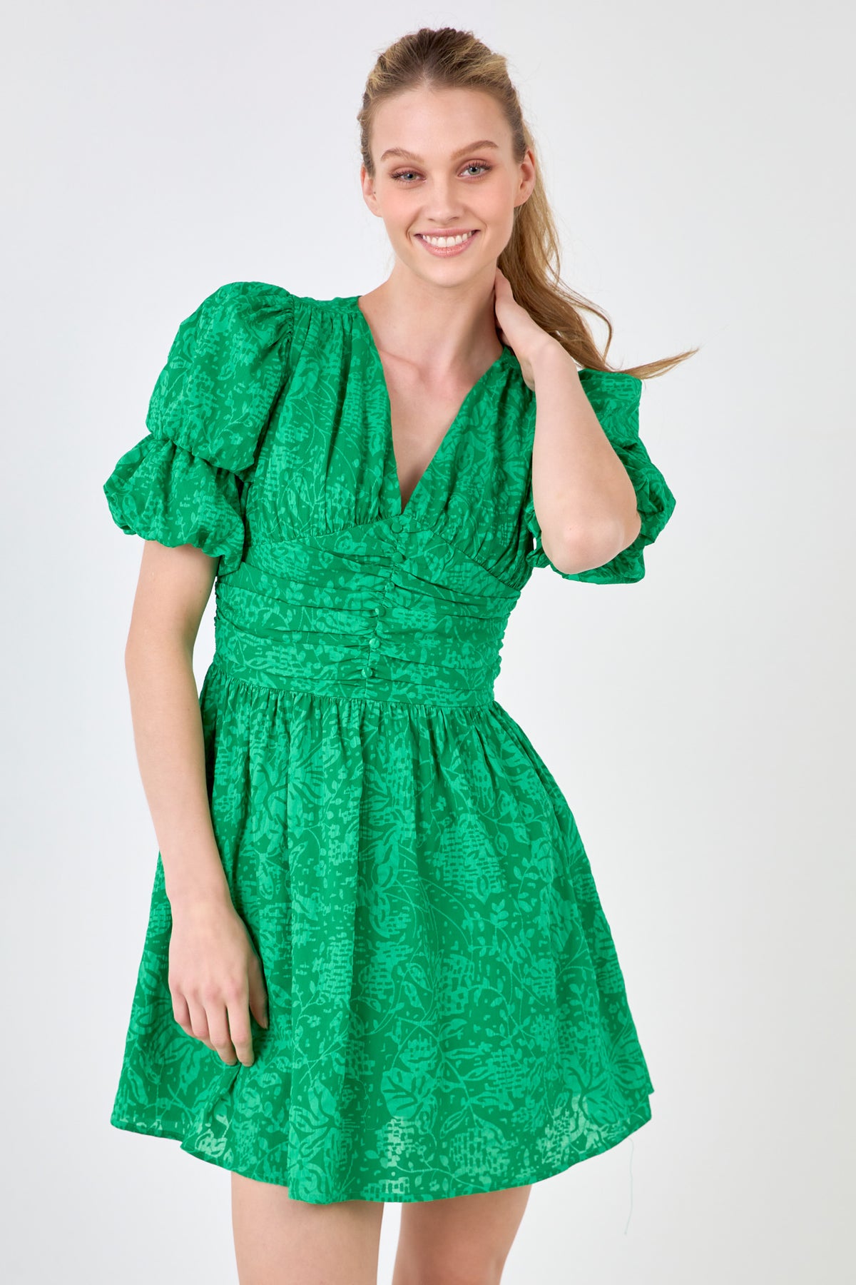 ENDLESS ROSE - Floral Puff Sleeves Dress with Ruched Waist - DRESSES available at Objectrare